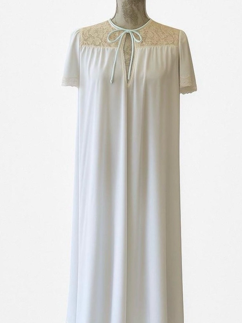 Vintage Lace Yoke Short Sleeve Ivory and Mint Green Nightgown with Tie Neck